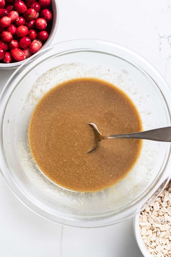 Wet ingredients combined in a bowl.