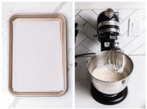 Showing whipping the egg whites and maple syrup in a mixer.