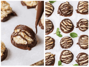 Drizzling the cookies with dark chocolate.