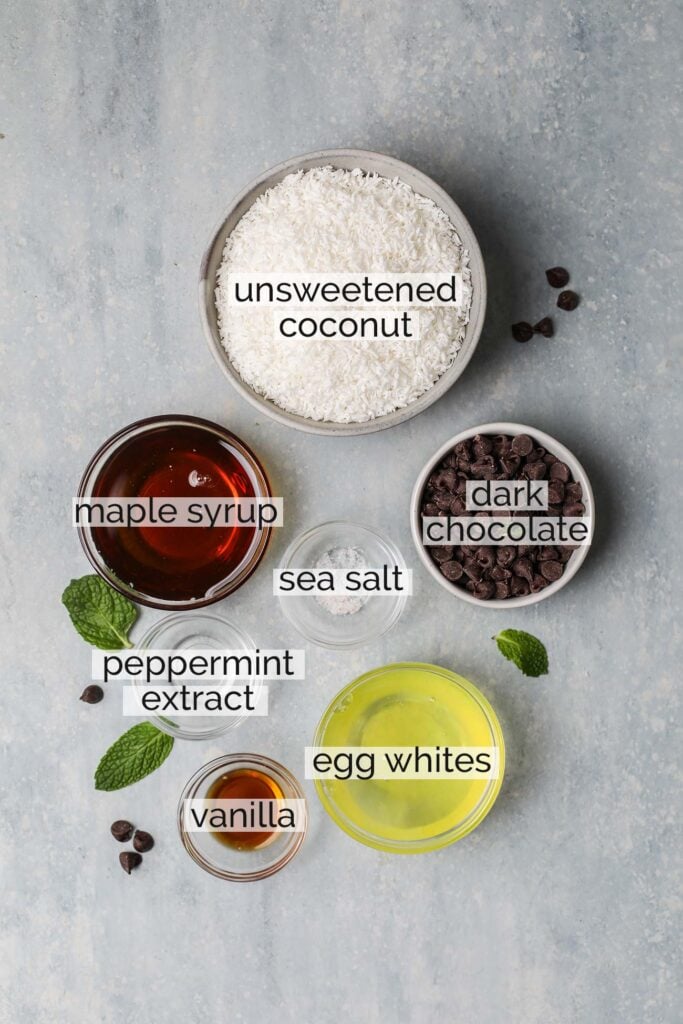The ingredients needed to make coconut macaroon cookies with a chocolate drizzle.