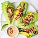 A plate with spicy Thai chicken lettuce wraps served with peanut sauce.