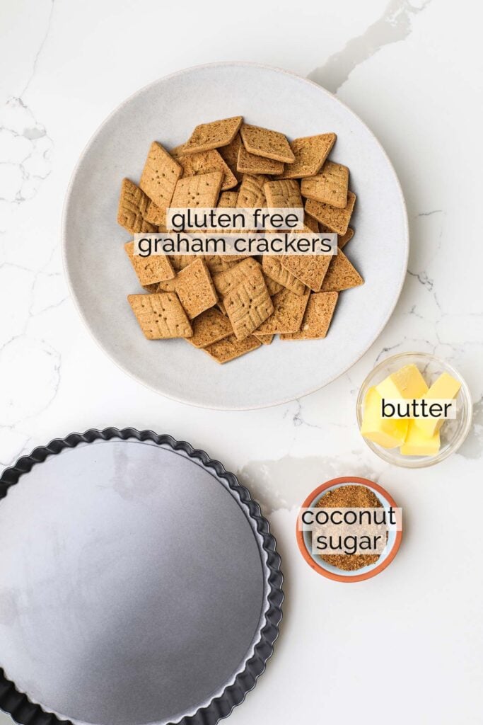 The ingredients needed to make a gluten-free graham cracker crust.