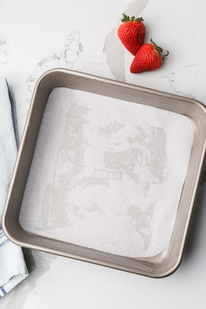 A pan lined with parchment paper.