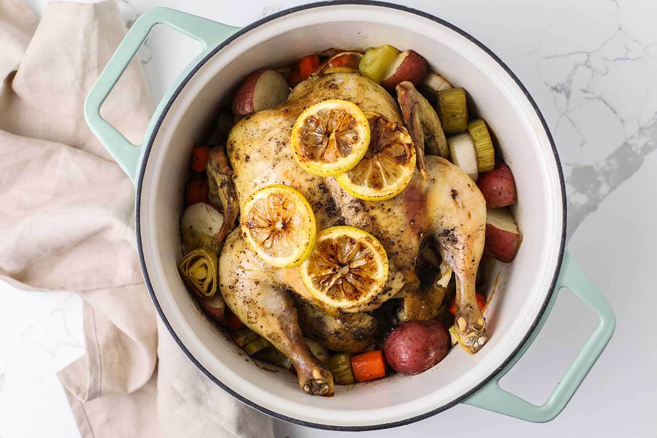 Dutch Oven Roast Chicken with Vegetables - Sunkissed Kitchen
