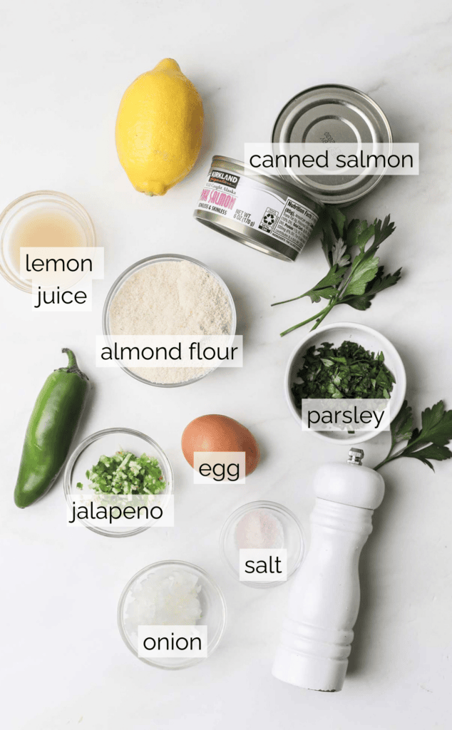 The ingredients needed to make canned salmon patties.