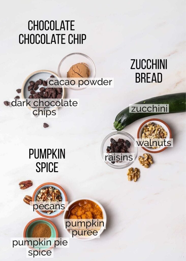 Ingredients for the different flavor options for healthy baked oatmeals.