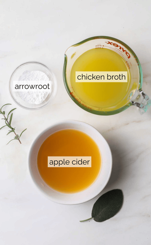 The ingredients needed to make an apple cider gravy.