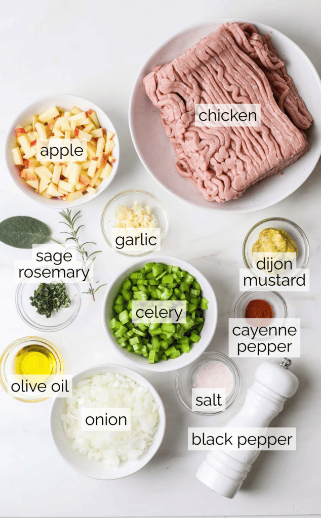 The ingredients needed to make a chicken apple meatloaf.